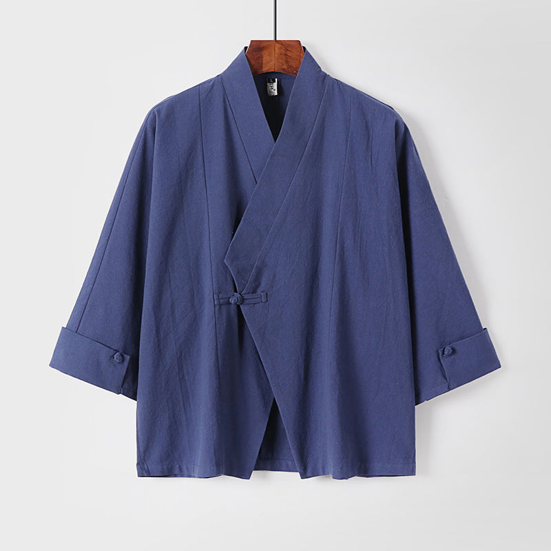 Men's Linen Kimono Jacket with Traditional Knot Closure and Medium-Length Sleeves Chichicherry