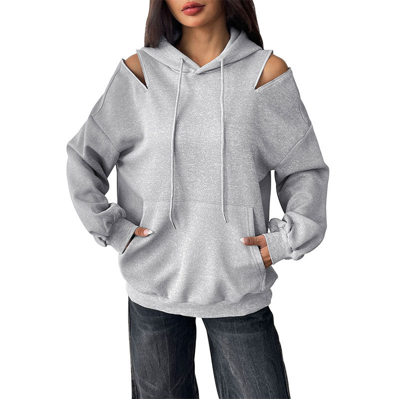 Women Casual Hoodie with Shoulder Openings, Kangaroo Pocket and Ribbed Cuffs Chichicherry