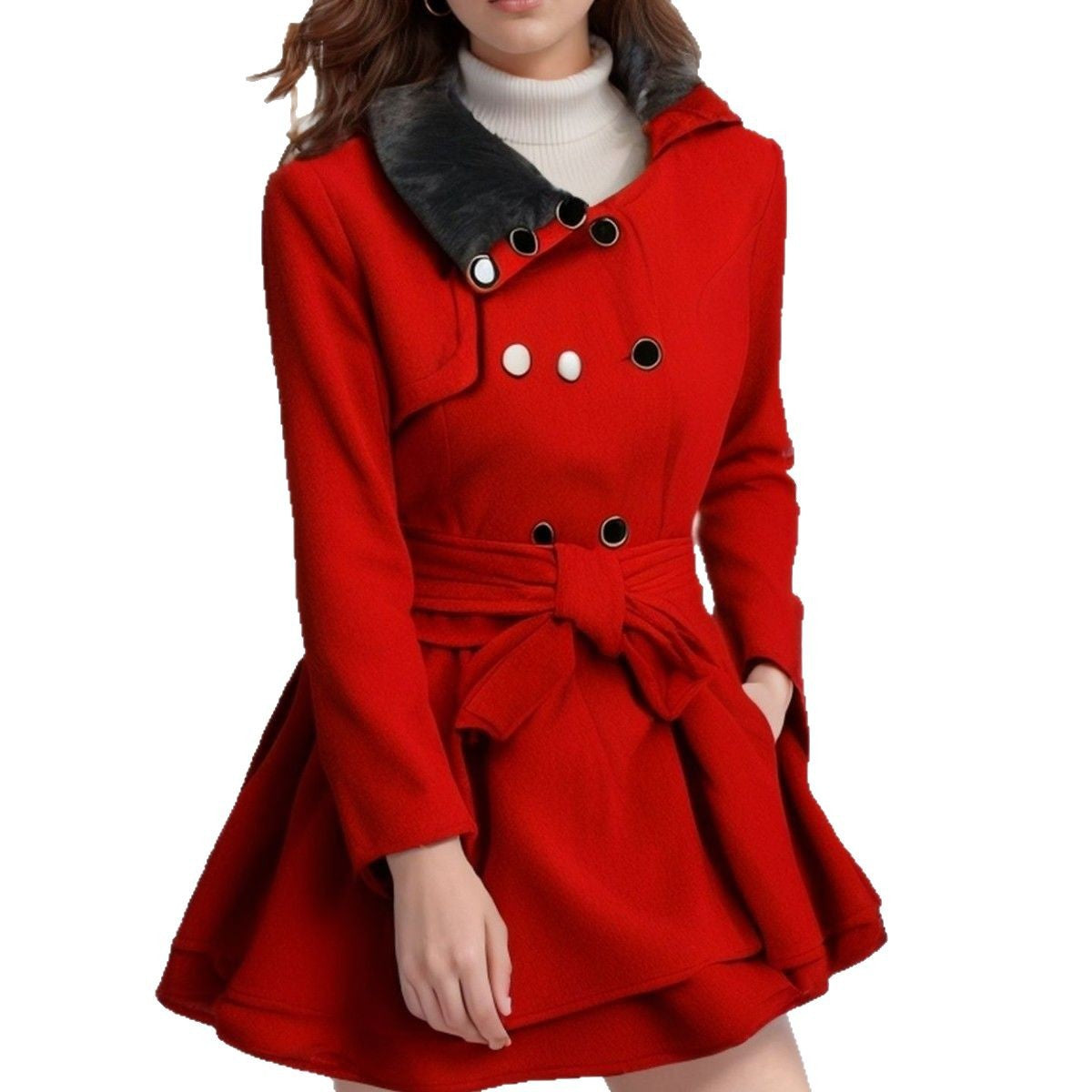 Women A-line wool blend coat with waist belt double-breasted and faux fur collar Chichicherry
