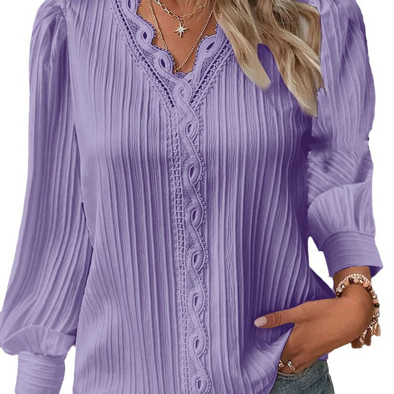 Women Pleated V-Neck Blouse with Lace Trim and Balloon Sleeves Chichicherry
