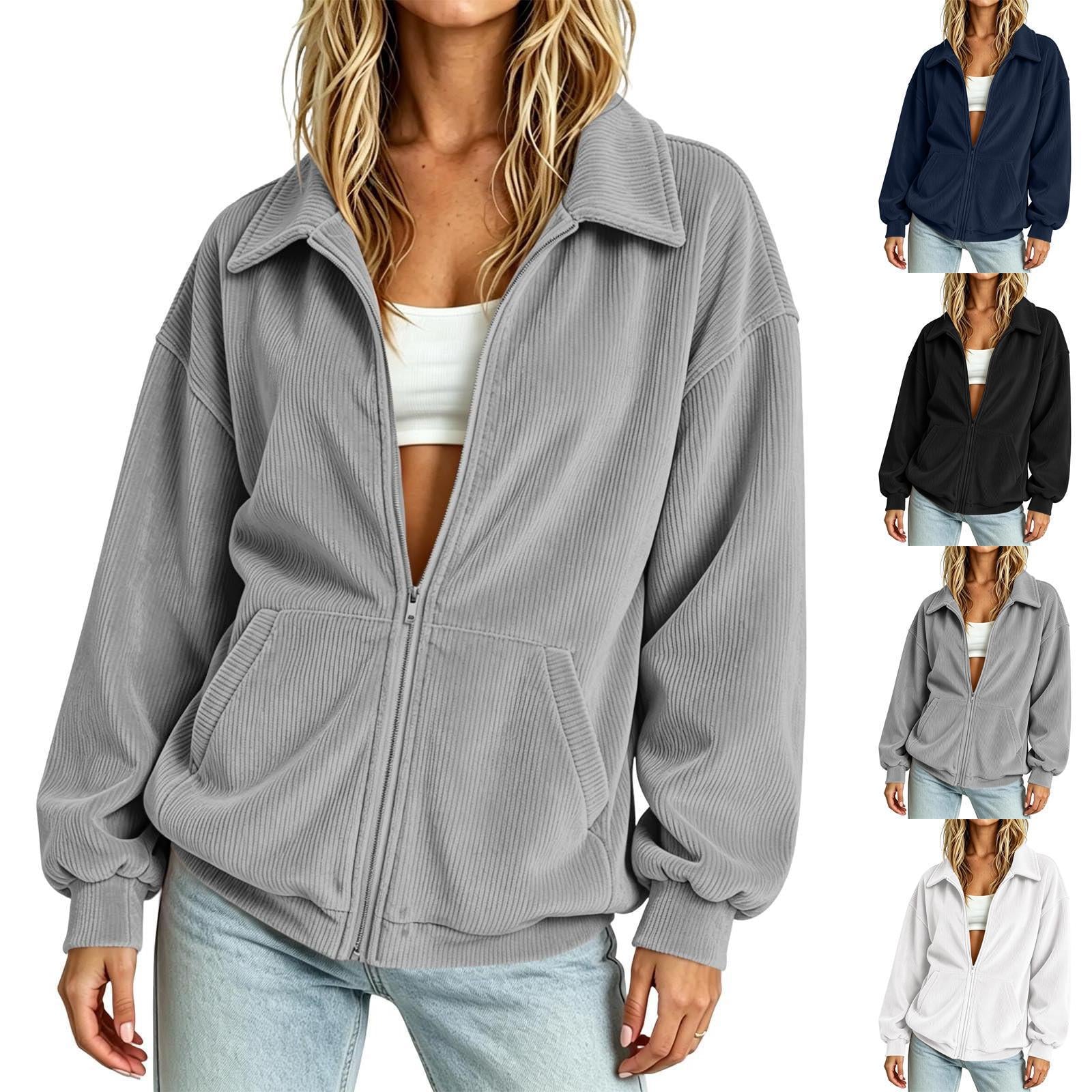 Women's Ribbed Zip Jacket with Shirt Collar and Kangaroo Pocket Chichicherry