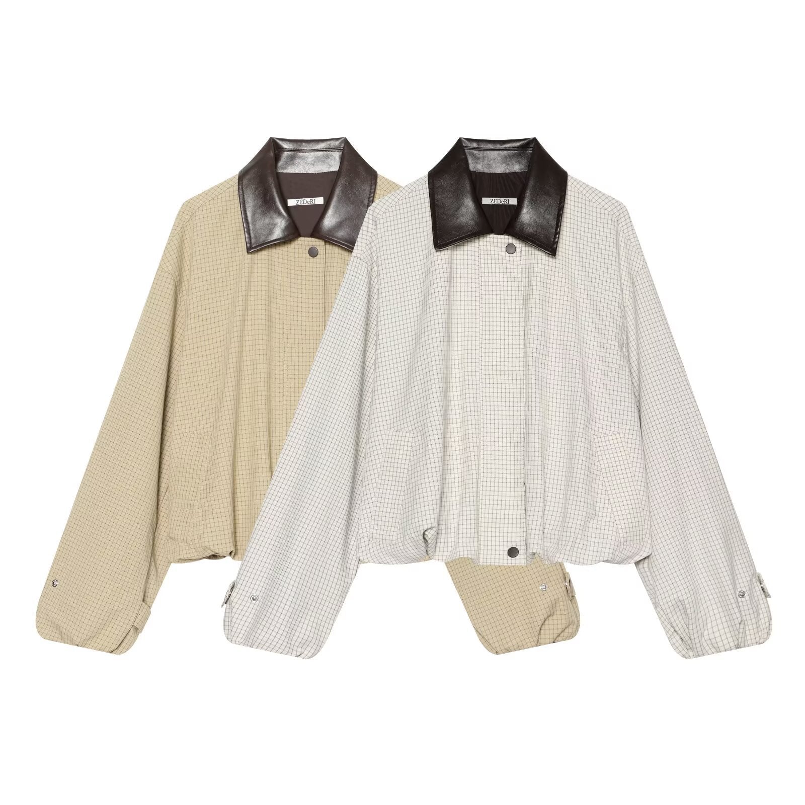 Women's Cropped Blouson Jacket in Boxy Cut with Fine Check Pattern and Contrast Faux Leather Collar Chichicherry
