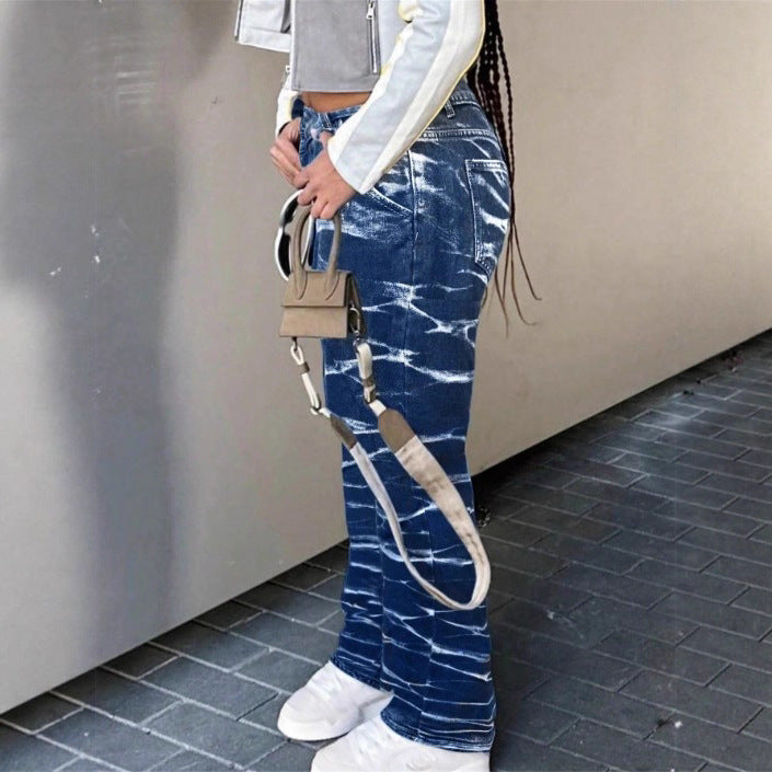 Ladies High-Waist Straight Jeans with bleached Wave pattern and Relaxed fit Chichicherry