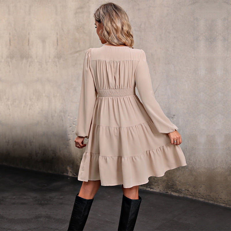 Women's Playful Tiered Dress with V-Neck, Continuous Button Placket, and Fitted Insert Chichicherry