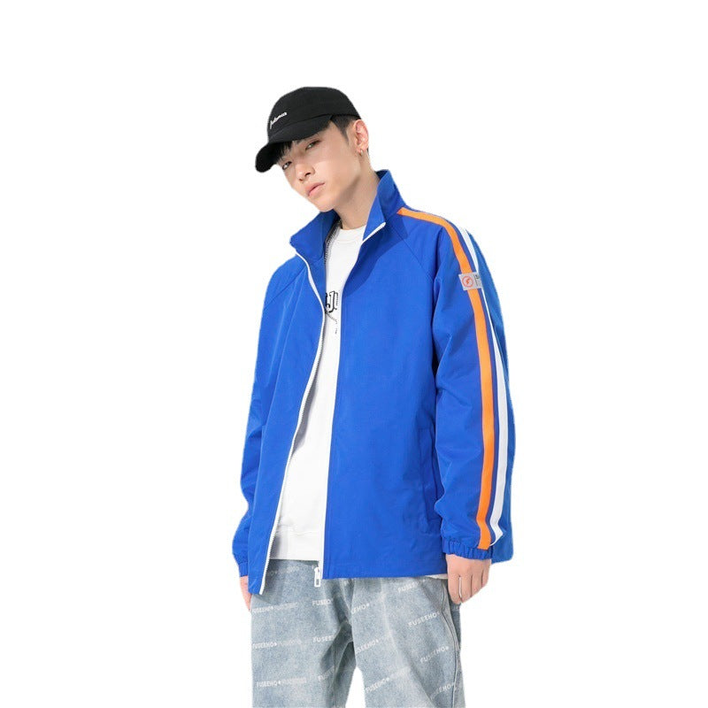 Men's Loose Fit Track Jacket with Stand-Up Collar, Contrasting Stripe Sleeves, and Elastic Cuffs