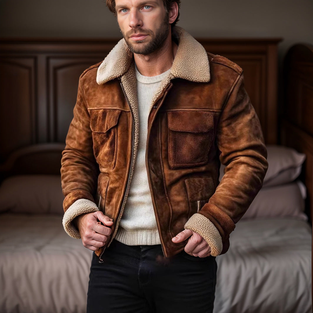 Men's Lambskin Imitation Pilot Jacket in Vintage Leather Look Chichicherry
