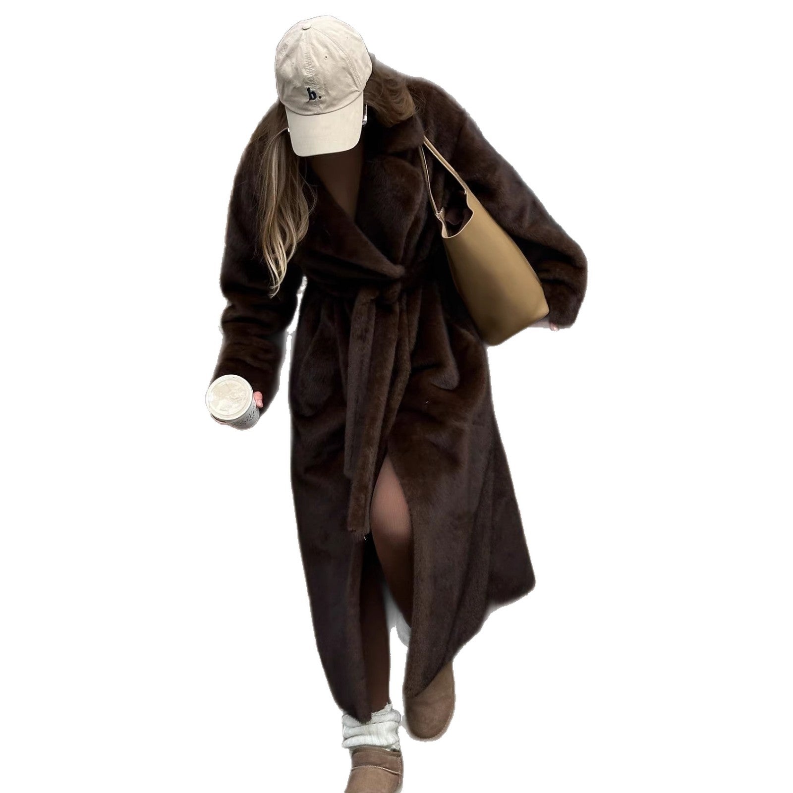 Women's elegant long pile faux fur coat with hood and tailored silhouette Chichicherry