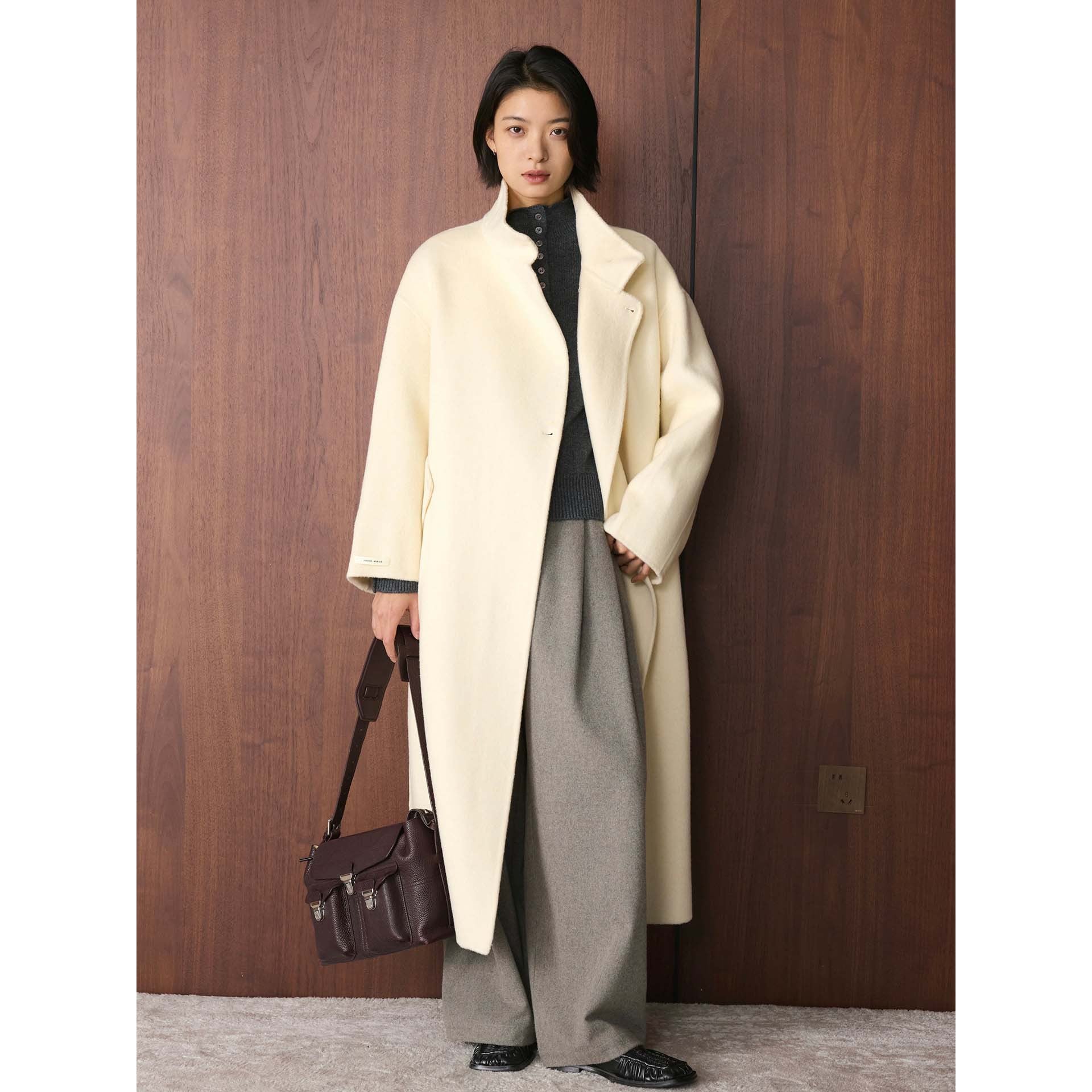 Women Oversized Wool Blend Coat with Asymmetrical Stand-Up Collar Chichicherry