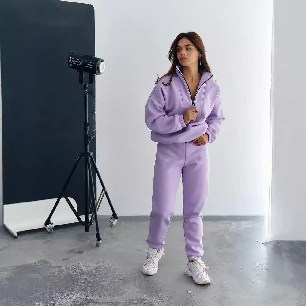 Damen Athleisure-Zweiteiler aus dickem French-Terry mit hohem Stehkragen, halbem Reißverschluss und Tunnelzughose Chichicherry
