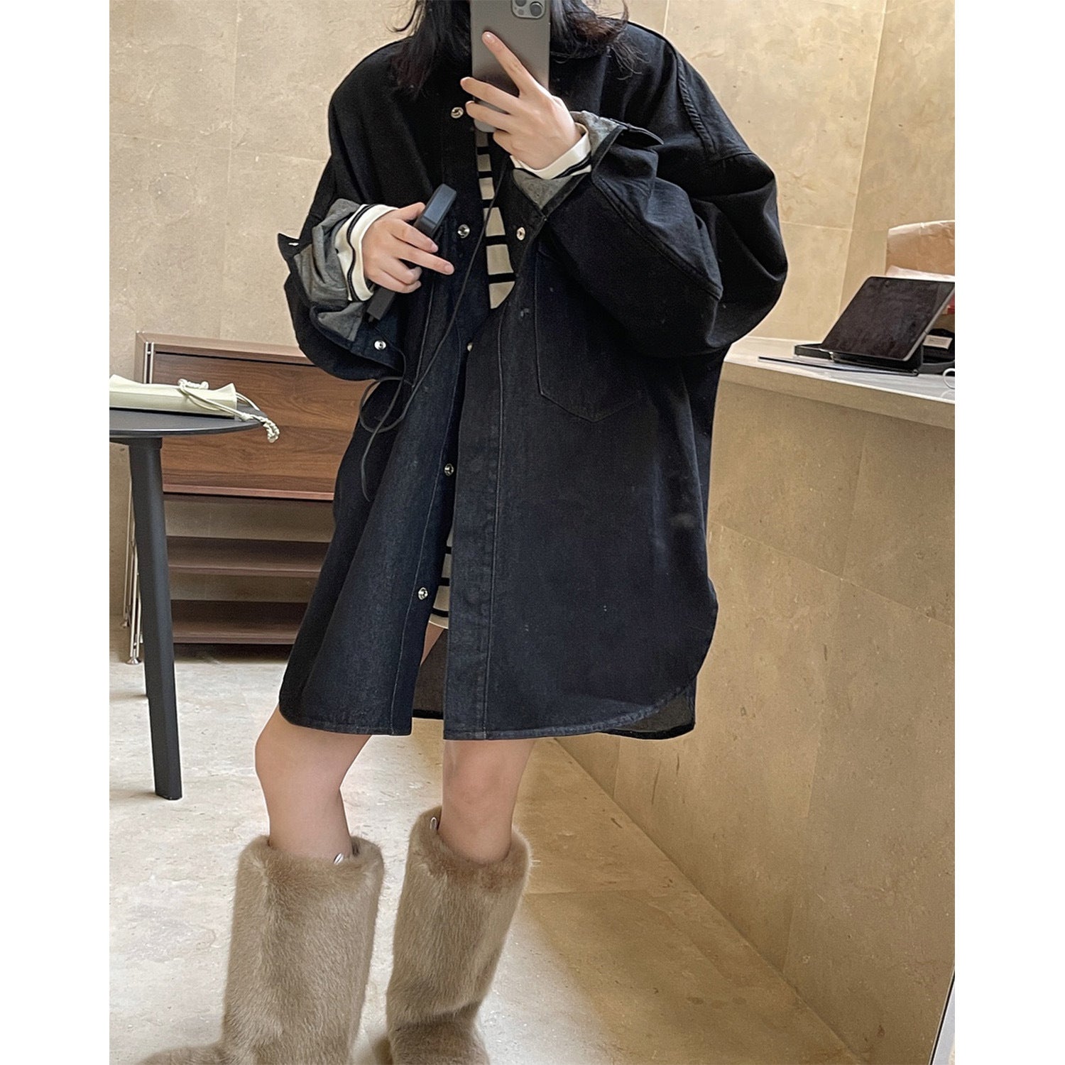 Women's Oversized Denim Coat with Padding, Hood and Snap Front Chichicherry