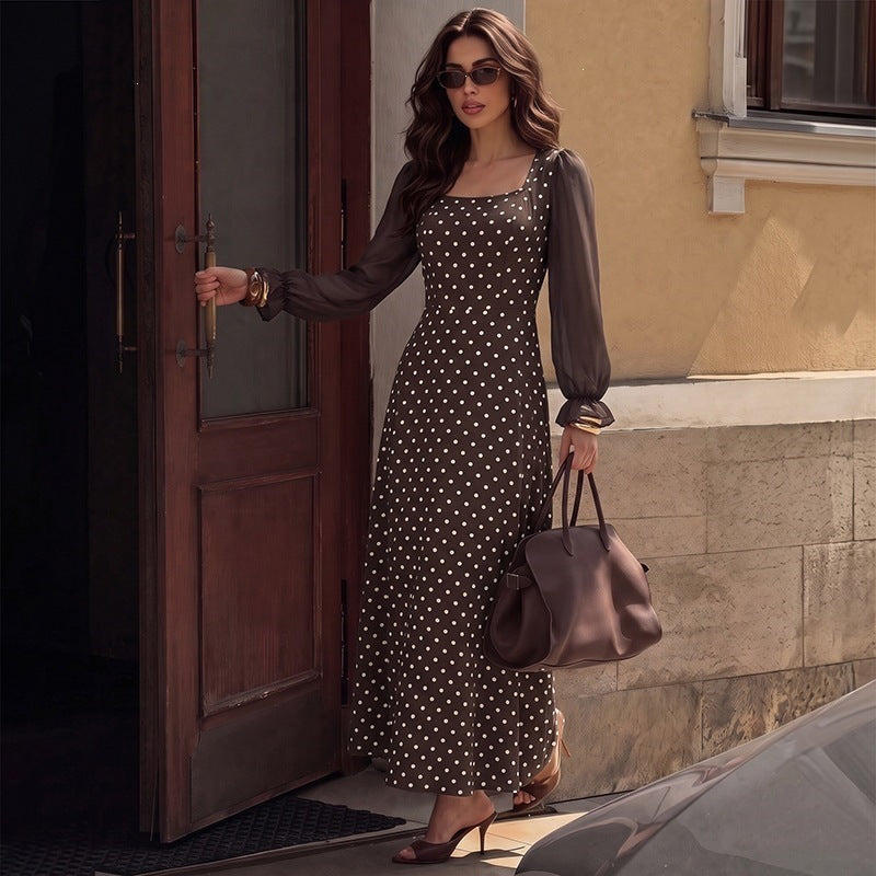Women's retro-inspired polka dot maxi dress with square neckline and sheer pleated sleeves Chichicherry