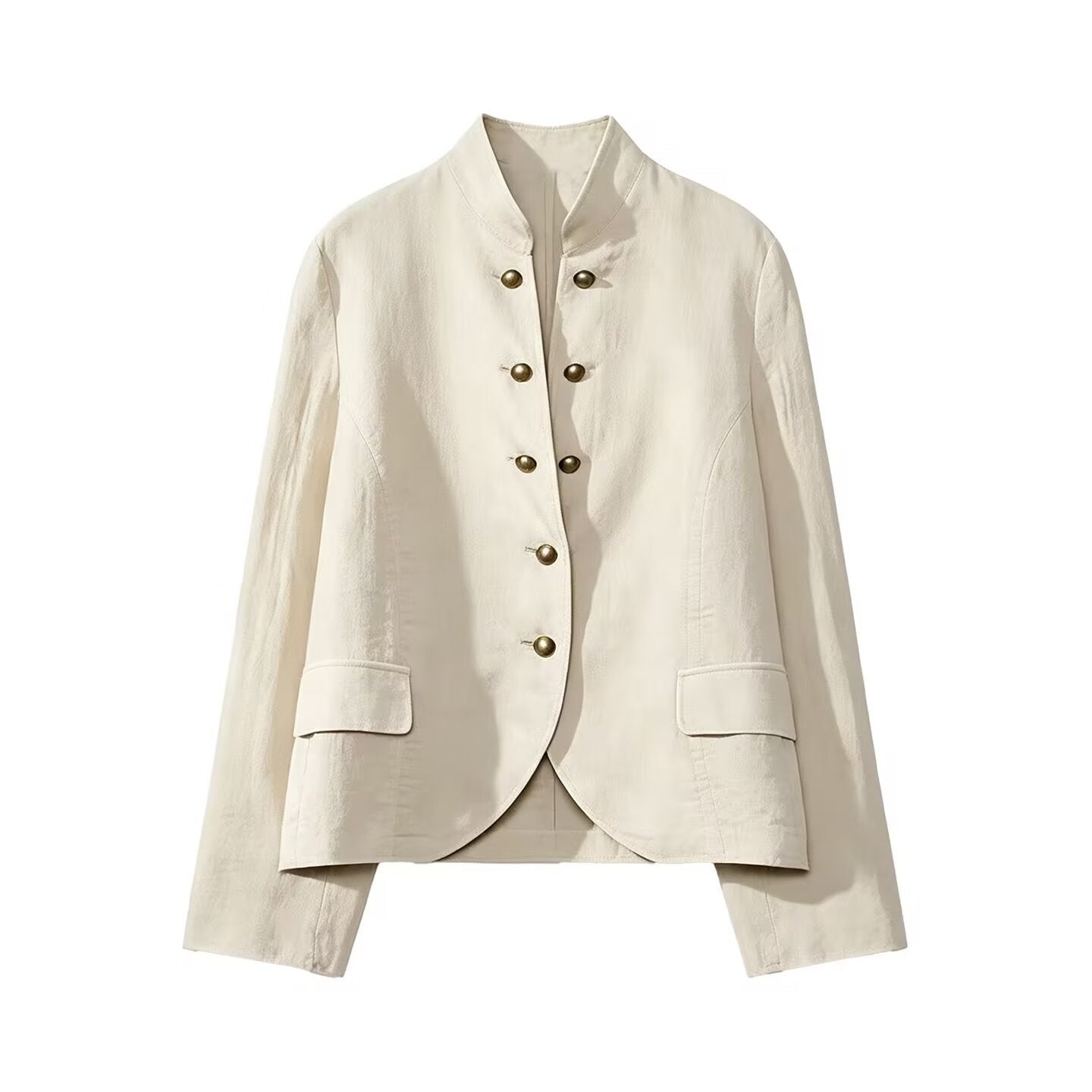 Women's short blazer in military style with stand-up collar and decorative metal buttons Chichicherry