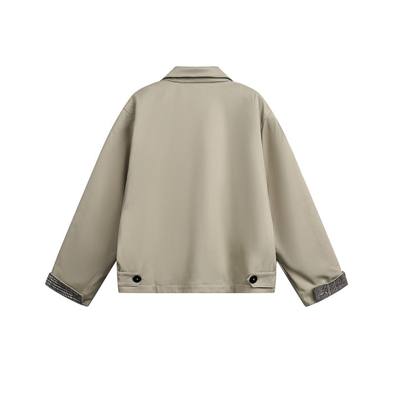 Unisex Short Cut Boxy Blouson Jacket with Checked Lining and Chest Zip Pocket Chichicherry
