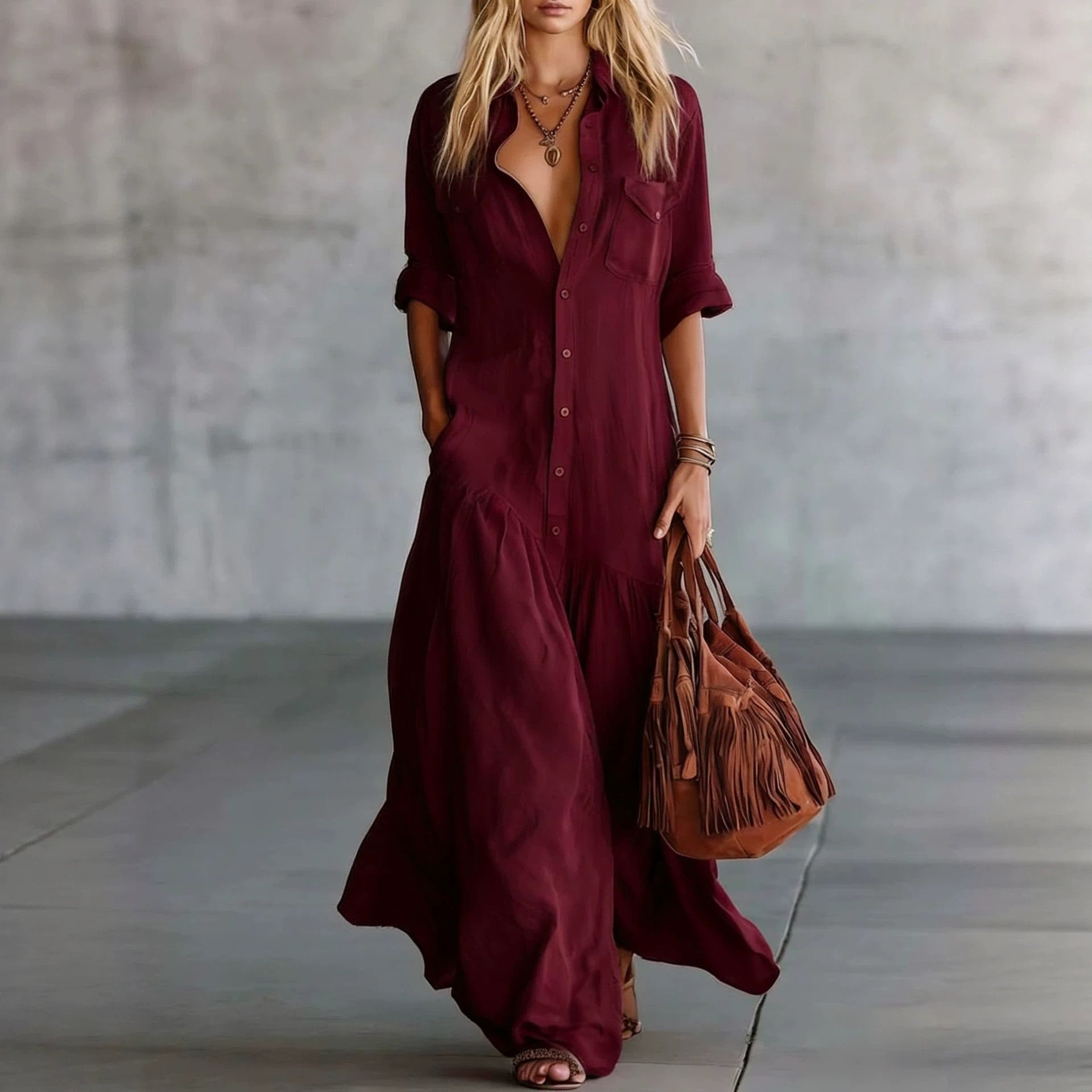 Damen Langes fließendes Hemdblusen-Maxikleid mit Knopfleiste, aufgesetzten Brusttaschen und seitlichen Eingrifftaschen Chichicherry