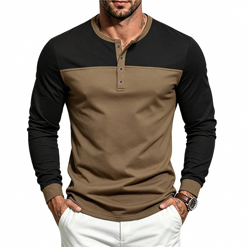 Men's Slim-Fit Long Sleeve Henley Shirt with Contrast Piping and Button Placket Chichicherry
