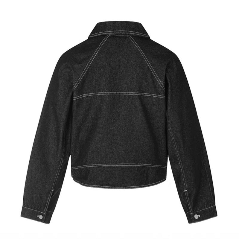Women Cropped Denim Jacket in Western Look with Contrast Stitching and Metal Snap Buttons Chichicherry