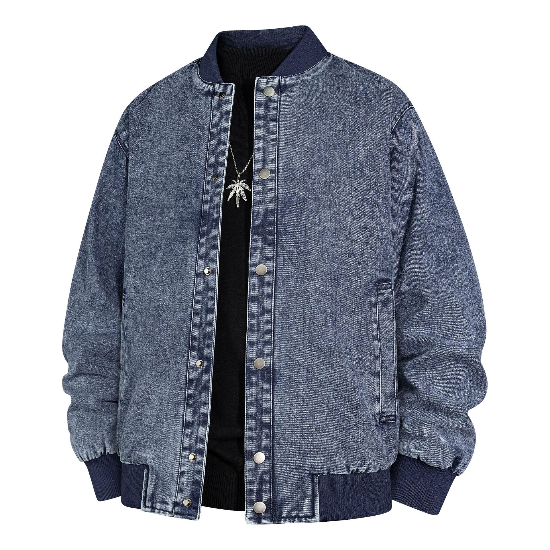 Men's Denim Bomber Jacket with Ribbed Collar and Snap Button Closure Chichicherry