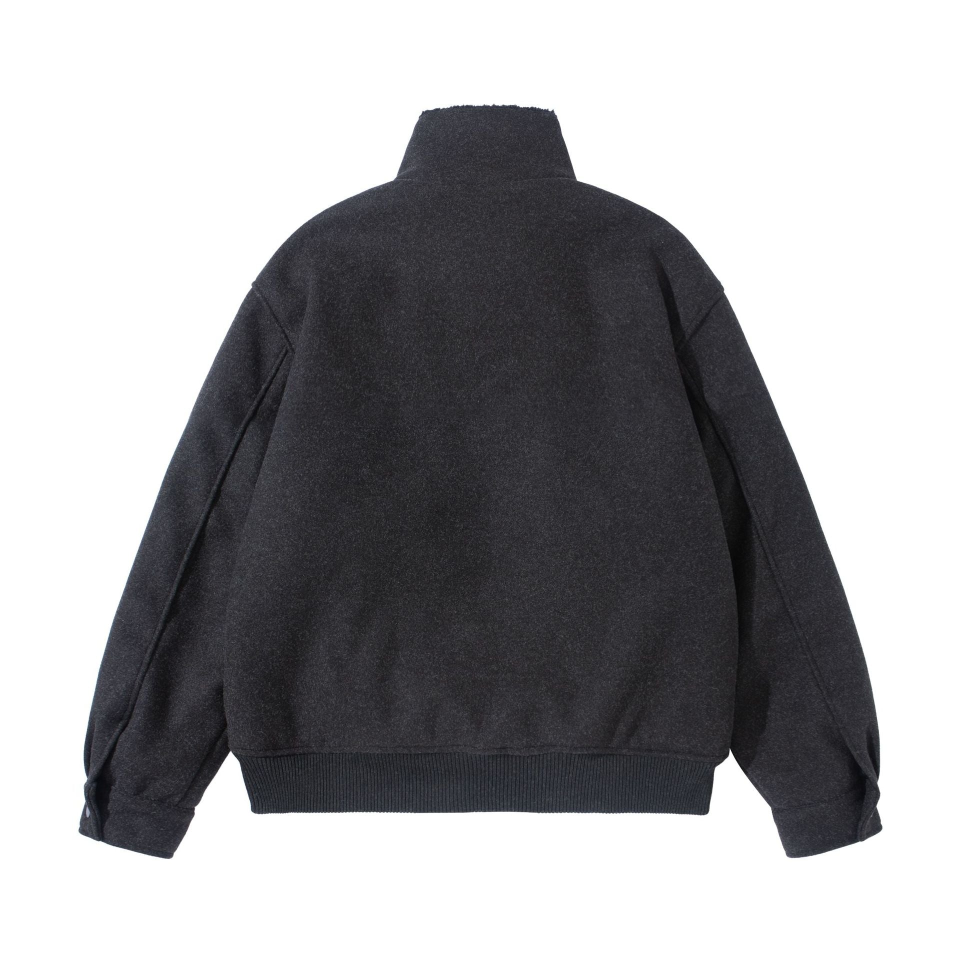 Unisex Boxy Wool Felt Bomber Jacket with High Stand-Up Collar, Fleece Lining and Ribbed Hem Chichicherry