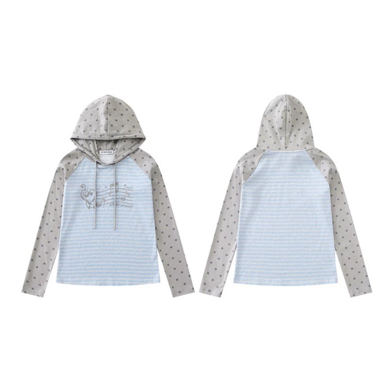 Women's hooded long sleeve shirt in raglan style with star sleeves and note print Chichicherry