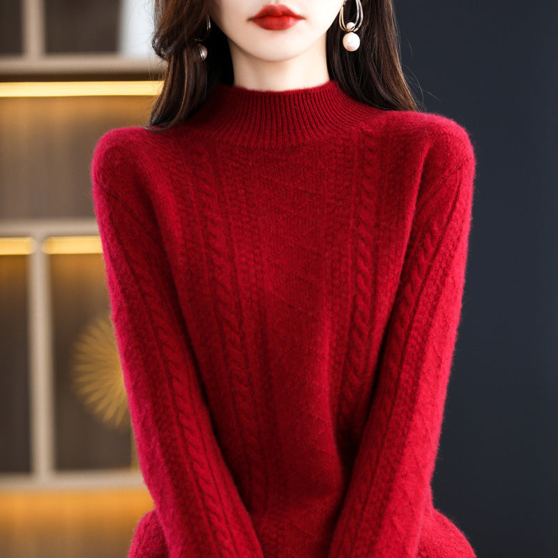Women's Soft Mohair-Look Mockneck Sweater with Cable Pattern and Fine Ribbed Collar Chichicherry