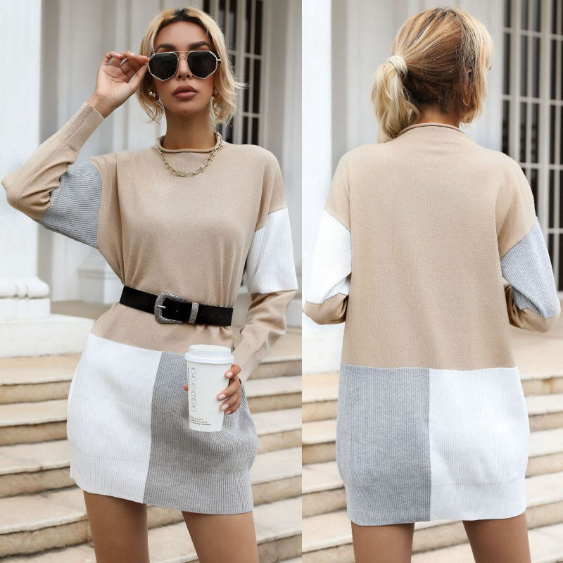 Women's color block knit dress in mini look with boxy silhouette and ribbed inserts Chichicherry