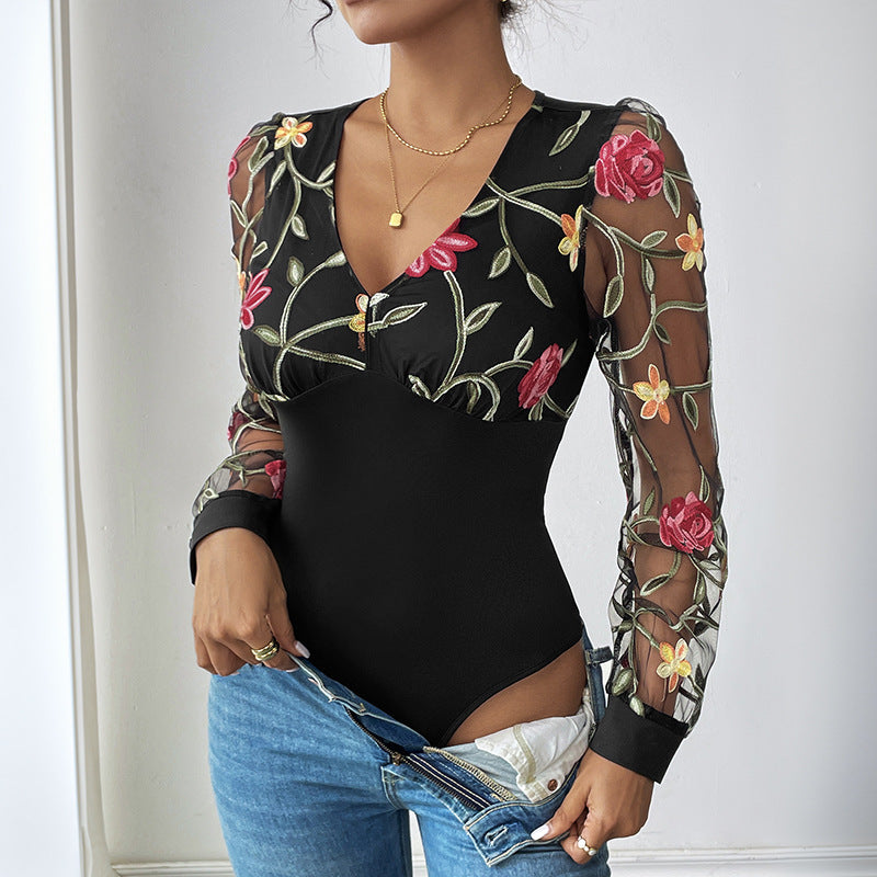 Women's Embroidered Mesh Body with V-Neck and Transparent Floral Sleeves Chichicherry
