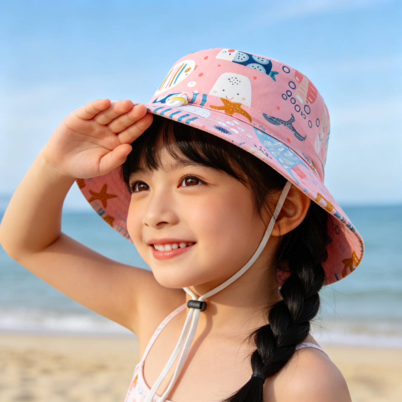 Unisex children's sun hat with reversible design, chin strap, and high UV protection Chichicherry