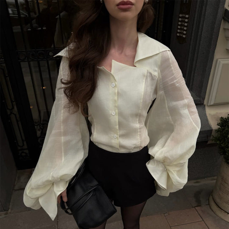 Women's Transparent Blouse Top with Tailored Corset Look and Voluminous Balloon Sleeves Chichicherry