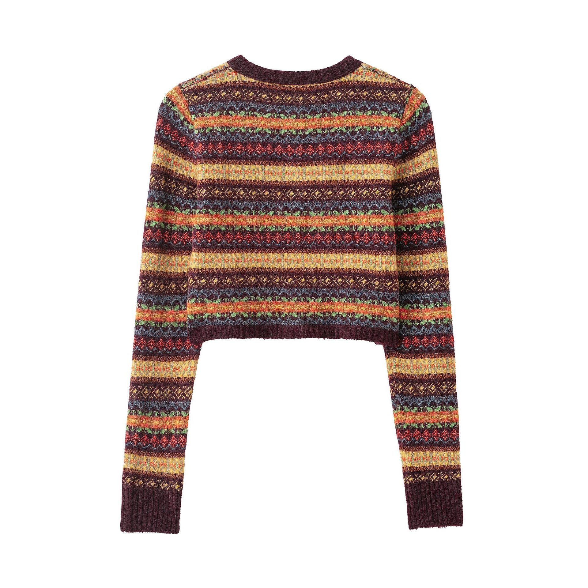 Women's Short-Cut Fair-Isle Cardigan with Round Neckline and Button Placket Chichicherry