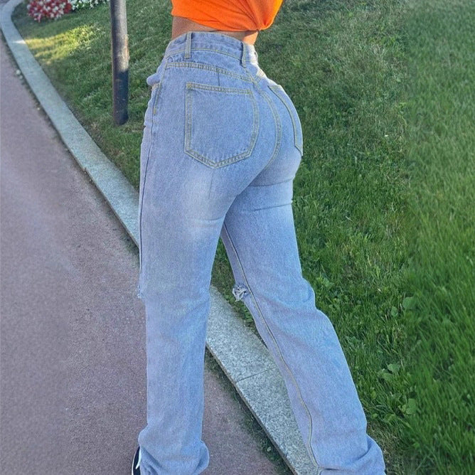 Women's high-waisted jeans with straight leg, knee rips, and stacked hem Chichicherry