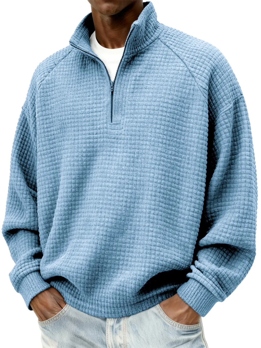Men's Waffle Knit Oversized Sweater with Half-Zip and Stand-Up Collar Chichicherry