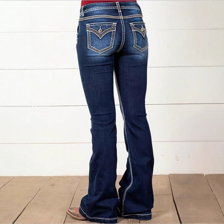 Women's High-Waisted Flared Jeans with Decorative Metal Buttons and Contrast Stitching Chichicherry
