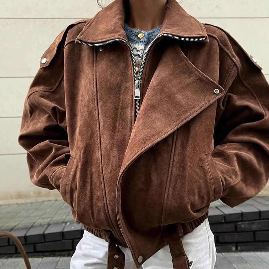 Women's Oversized Bomber Jacket in Velvet Look with High Stand-up Collar and Waist Belt Chichicherry