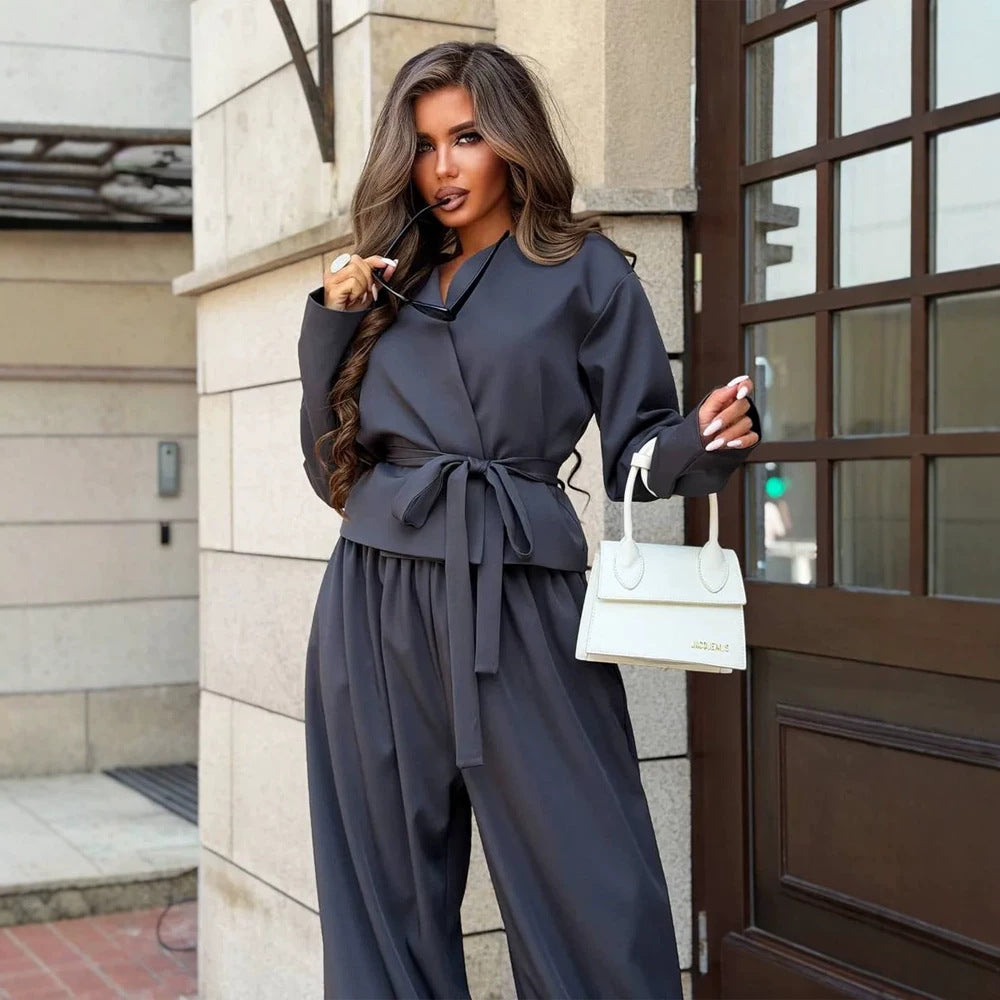 Women's Elegant Two-Piece Set with Wrap Jacket and Wide Pleat Trousers Chichicherry