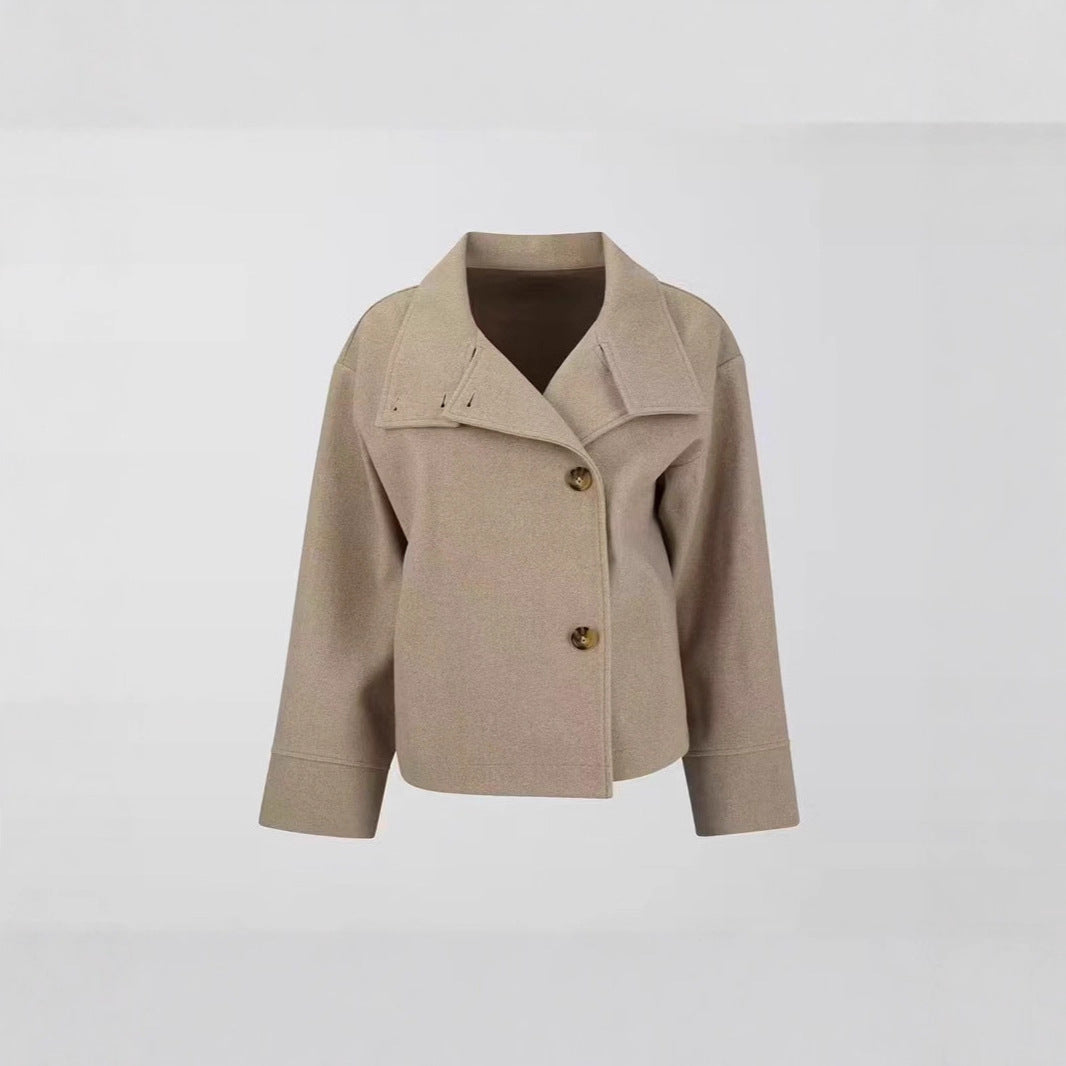 Women's short cut boxy jacket with stand-up collar and asymmetrical button placket Chichicherry