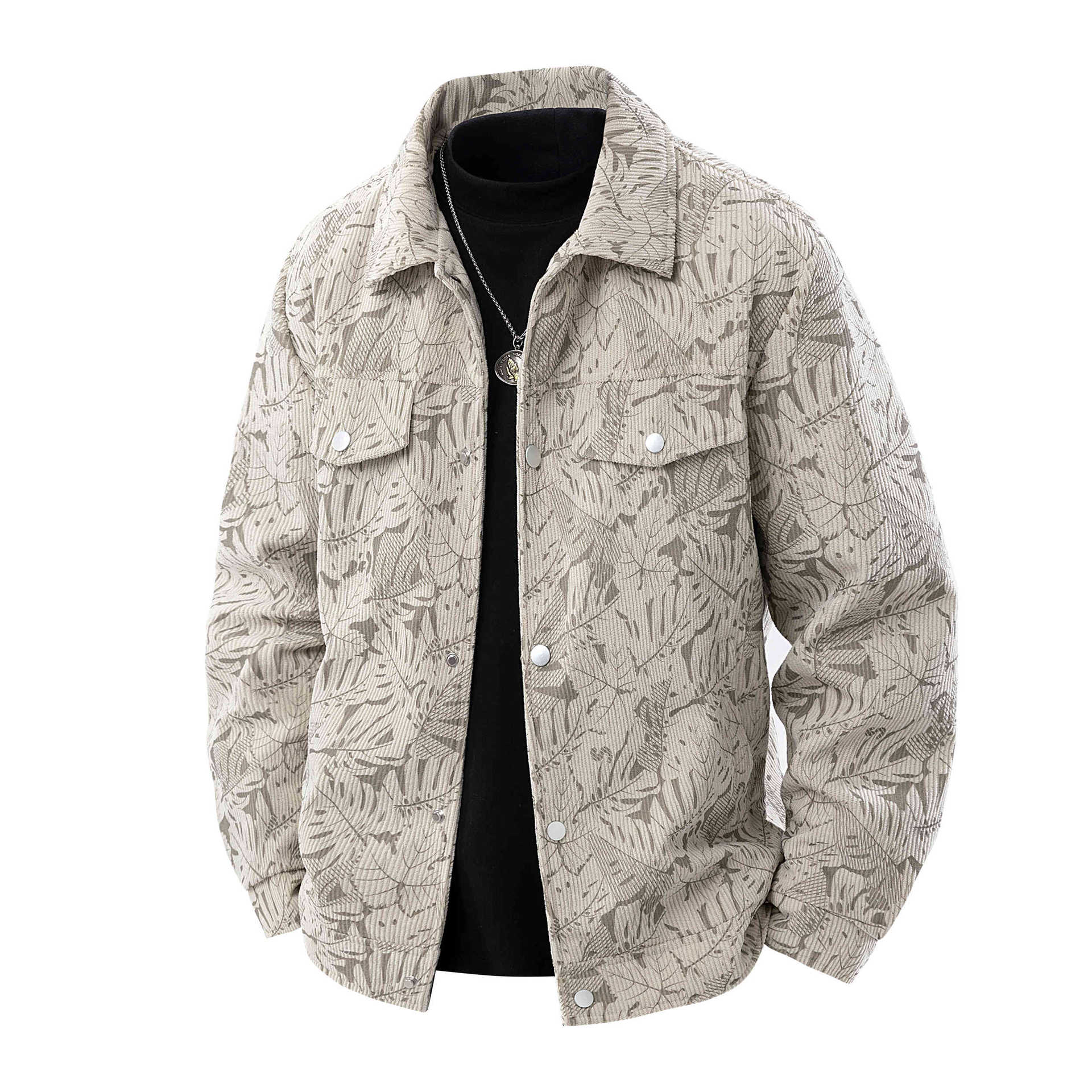 Men's cord jacket in trucker style with tonal leaf pattern, snap-button front and flap pockets Chichicherry