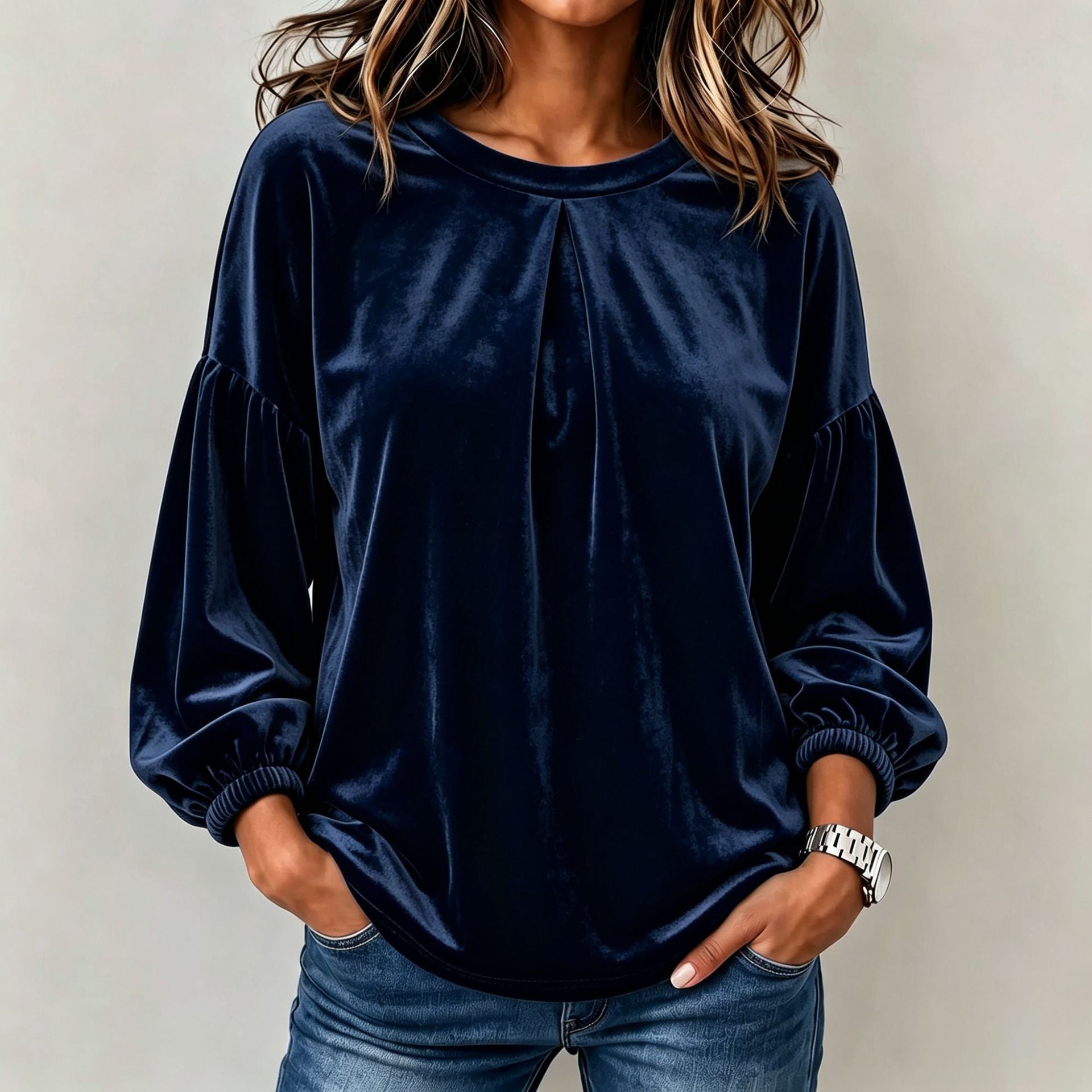 Women Velvet Relaxed Top with Pleat Trim at the Neckline, Balloon Sleeves and Elastic Cuffs