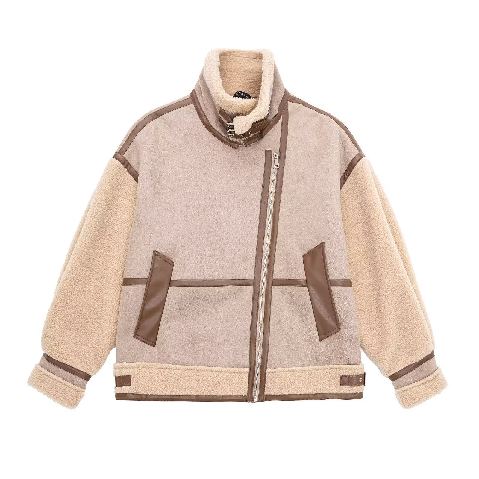 Women's Oversized Flight Jacket with Teddy Lining, Asymmetrical Zip and Faux Leather Details Chichicherry