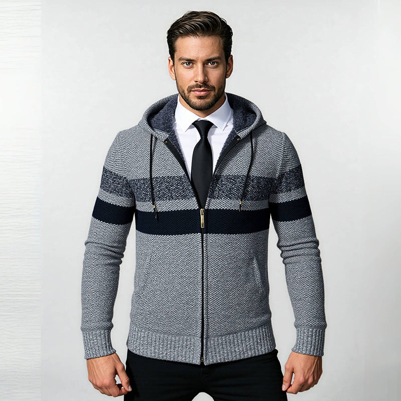 Men's Structured Hooded Cardigan with Contrast Stripes and Full Zip Chichicherry