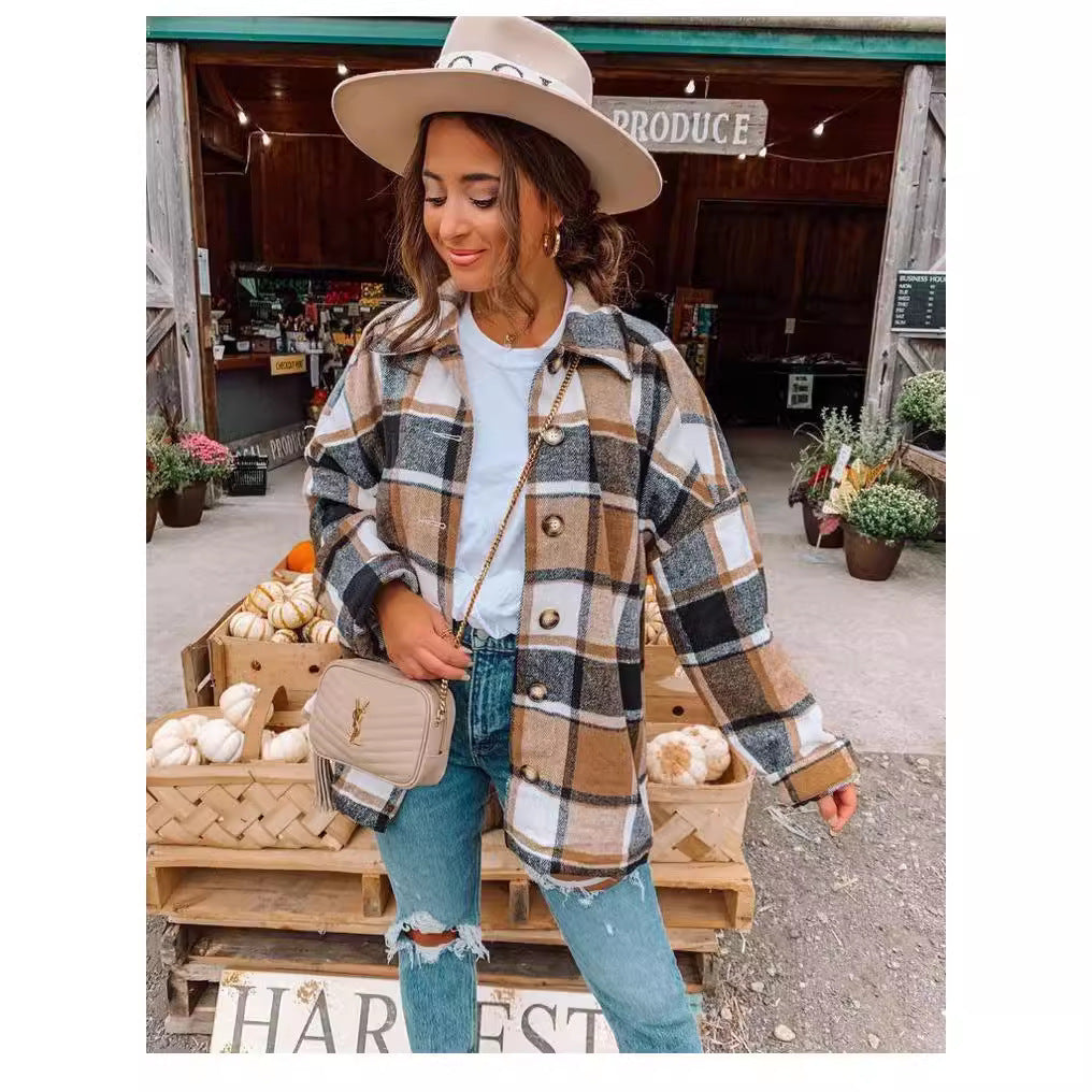 Damen Oversized Kariertes Flanell‑Shacket mit Brusttaschen und Holzknöpfen Chichicherry