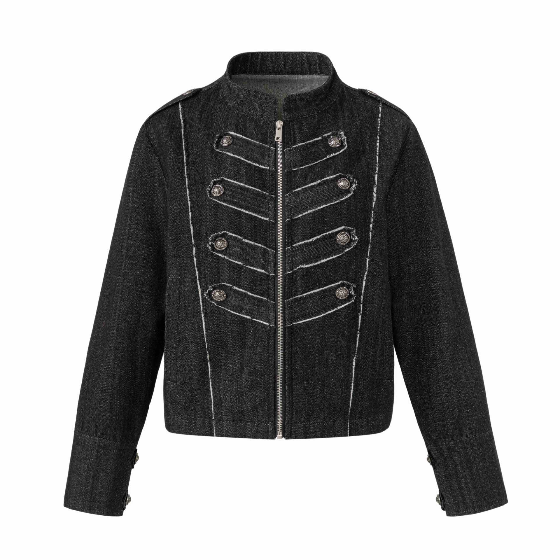 Women's denim blouson in military look with standing collar and decorative button placket Chichicherry