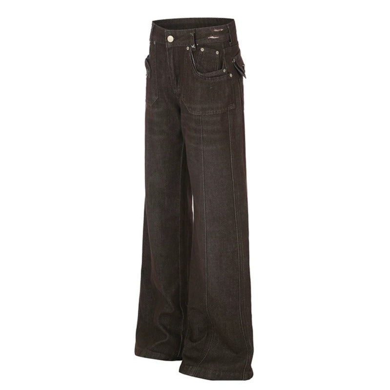 Women's Wide High-Waist Denim Trousers with Straight Leg and Utility Patch Pockets Chichicherry