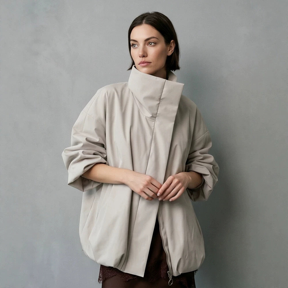 Women's boxy short quilted jacket with high asymmetric stand-up collar Chichicherry