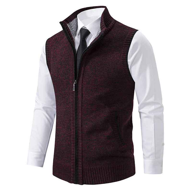 Men's Slim-Fit Sleeveless Structured Knit Vest with Stand Collar and Front Zipper Chichicherry