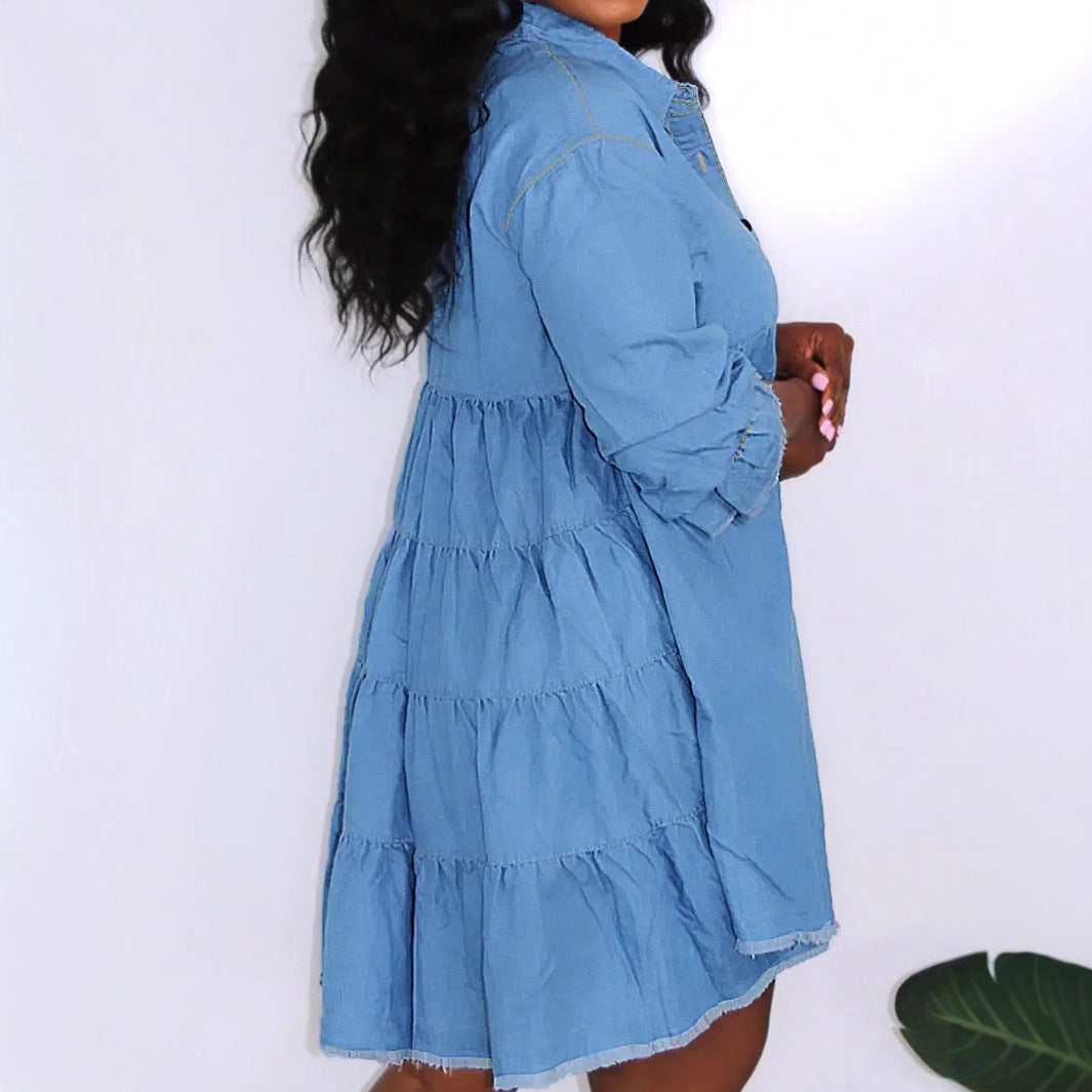 Women Oversize Denim Shirt Dress with Continuous Button Placket and Pockets Chichicherry