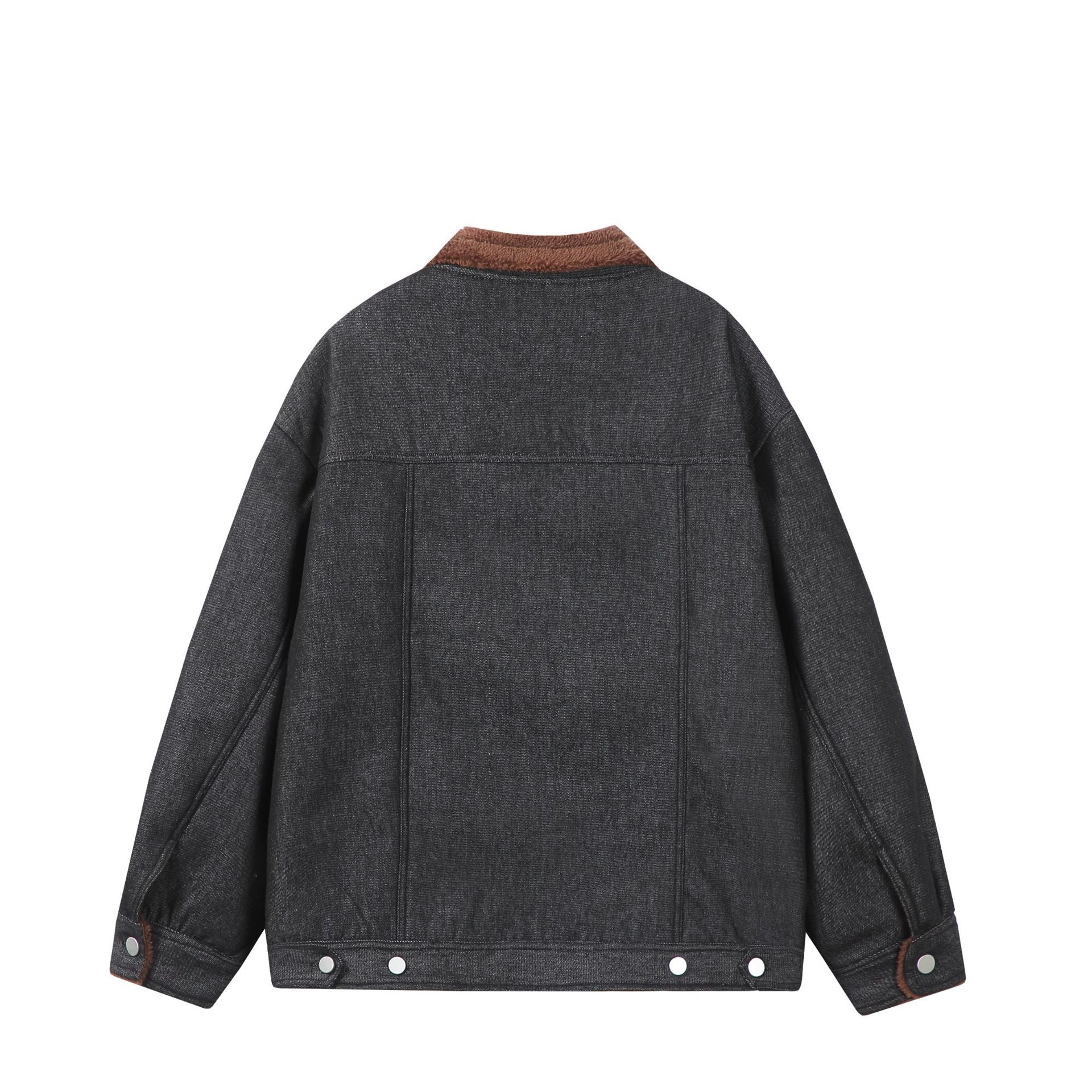 Men's Lined Denim Jacket with Teddy Collar, Snap Front and Utility Pockets Chichicherry