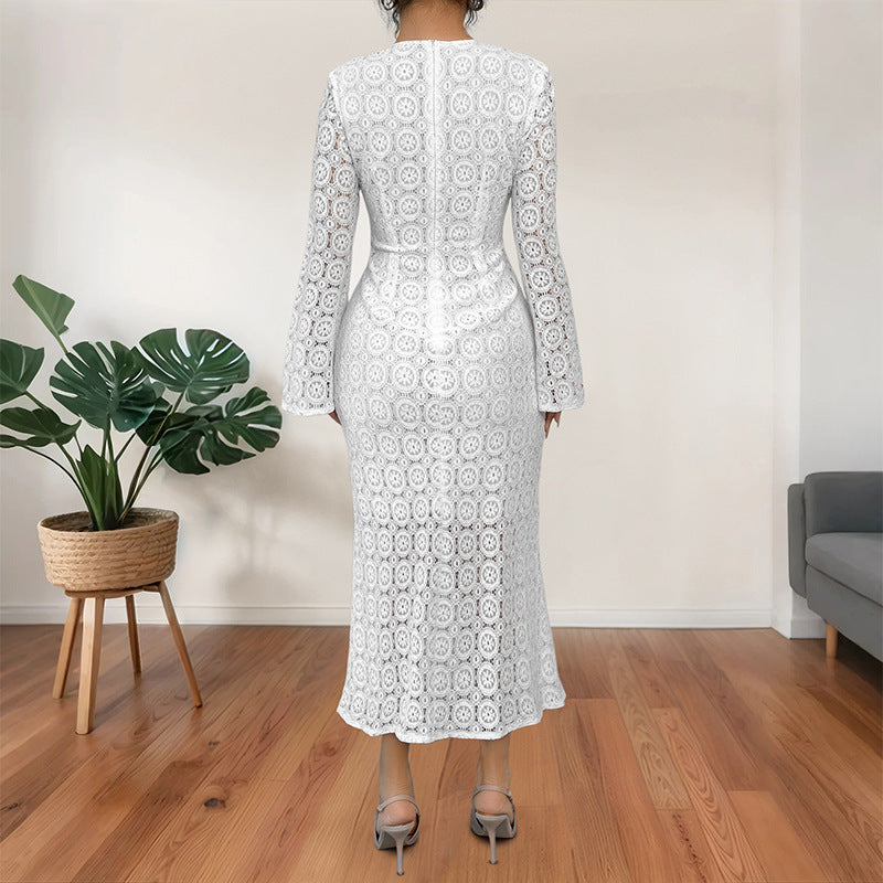 Ladies' midi dress made of crochet lace with a fitted silhouette, trumpet sleeves, and flared hem Chichicherry