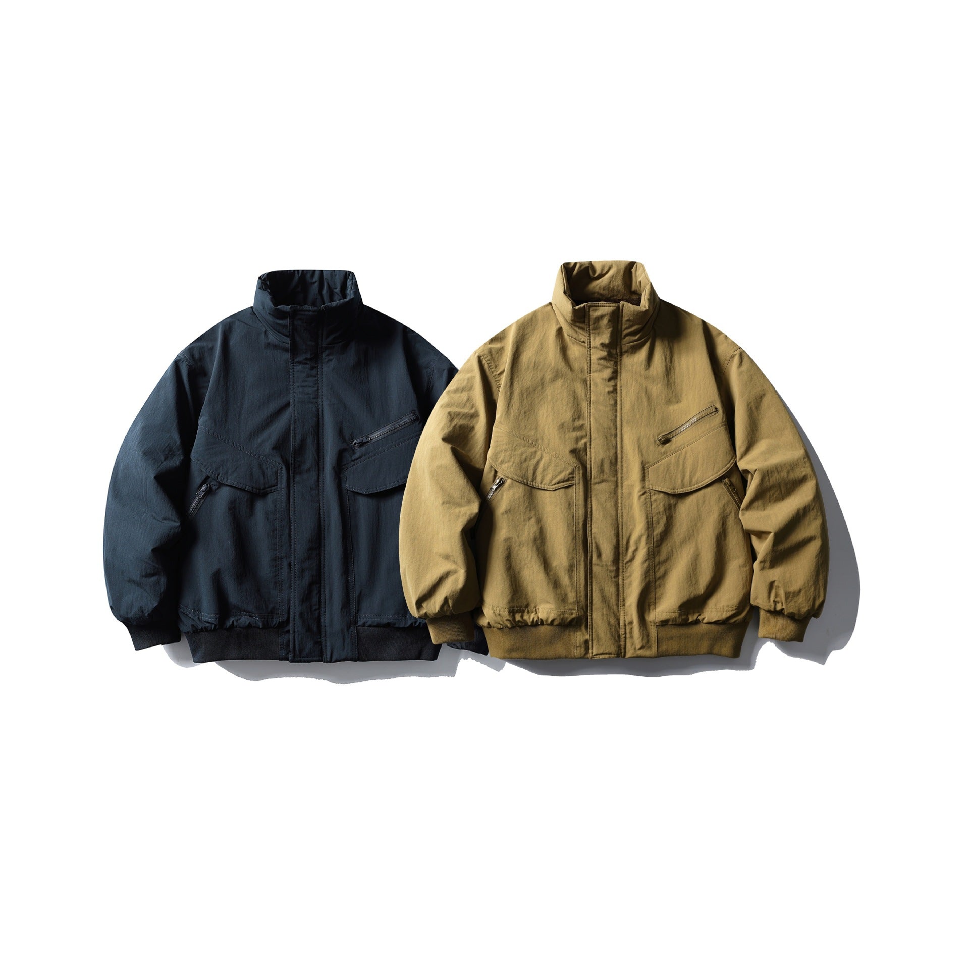 Men's Boxy Utility Bomber Jacket with High Stand-Up Collar, Concealed Front Placket and Zip Chest Pocket Chichicherry