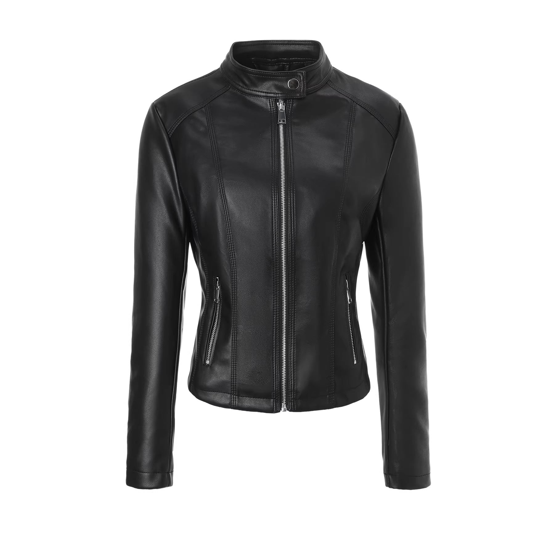 Women Tailored Leather Jacket with Stand-Up Collar, Vertical Decorative Seams and Zipper Pockets Chichicherry