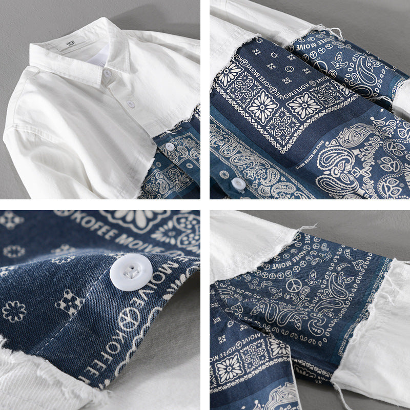 Men's Patchwork Shirt Jacket with Bandana Insert, Raw Edges and Loose Fit Chichicherry